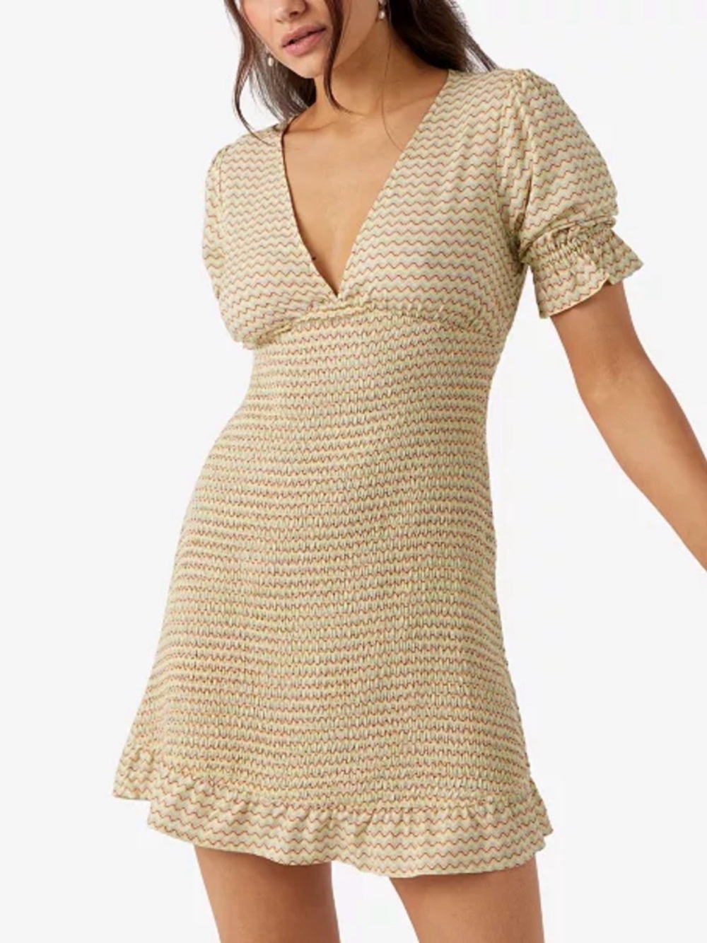 O'Neill Yellow Multi-Patterned V-Neck Smocked Mini Dress - Picture 9 of 10